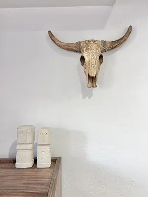 a bull skull hanging on a wall with two masks at Aix-en-Provence, Studio rénové au coeur de ville Calme absolu in Aix-en-Provence