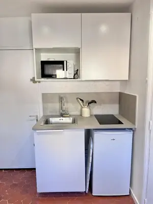 a small kitchen with a sink and a microwave at Aix-en-Provence, Studio rénové au coeur de ville Calme absolu in Aix-en-Provence