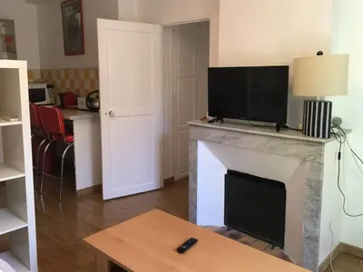 a living room with a fireplace with a flat screen tv at appartement de charme au coeur d'aix en provence in Aix-en-Provence