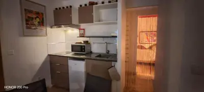 a small kitchen with a sink and a microwave at Charmant studio aux portes des Alpilles in Eyguières