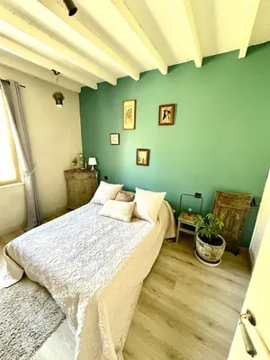 a bedroom with a bed and a green wall at Cocon en Provence à Ménerbes in Ménerbes