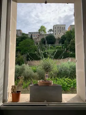 an open window with a view of a garden at Cocon en Provence à Ménerbes in Ménerbes