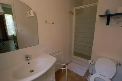 a bathroom with a sink and a toilet and a mirror at Le Castor et La Loutre - Gites en bord de Sorgue in LʼIsle-sur-la-Sorgue