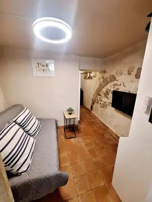 a living room with a couch and a flat screen tv at Le Cocon d'Emy in Aix-en-Provence