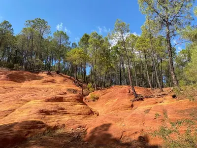 a red dirt hill with trees in the background at La Cigale Bleue in Villes-sur-Auzon