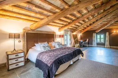 a bedroom with a large bed and a wooden ceiling at Wine Estate With Sunset Courtyard Near Bédoin in Mazan