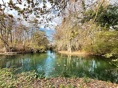 a river with green water and trees on the side at Maison bord de rivière - Le Thor in Le Thor