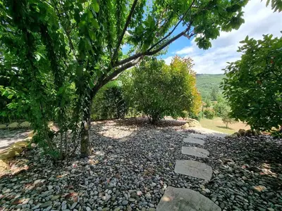 a garden with trees and a walkway at Gîtes de la Coupière Le Mûrier in Aubenas-les-Alpes