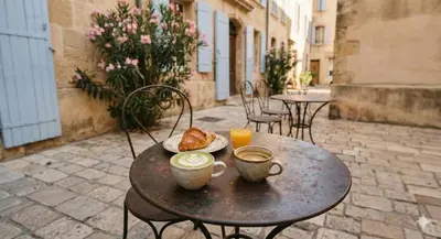 a table with two cups of coffee and croissants on a patio at Studio Aix Centre idéal séjour pro & tourisme in Aix-en-Provence