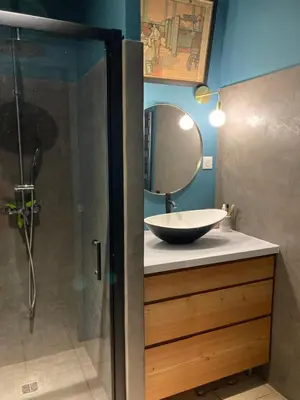 a bathroom with a sink and a mirror at Charmant appartement velleron in Velleron