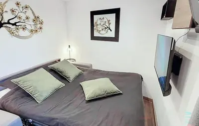 a bedroom with a bed with two pillows on it at Nice Home In Jonquerettes in Jonquerettes