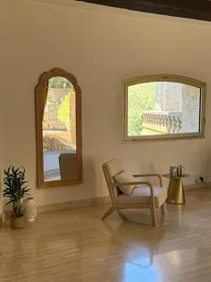 a living room with a chair and a mirror at Air-conditioned Provençal country house with pool in Jouques