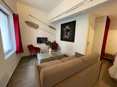 a living room with a couch and a table at Location grand studio centre ville Isle sur la sorgue in LʼIsle-sur-la-Sorgue