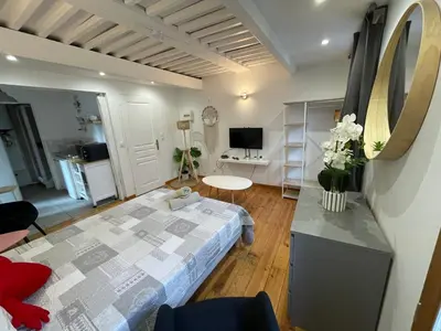 a bedroom with a bed and a living room at Location studio centre ville Isle sur la sorgue in LʼIsle-sur-la-Sorgue