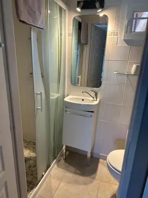 a bathroom with a sink and a shower and a toilet at Dépendance de charme avec piscine en luberon in Peypin-dʼAigues