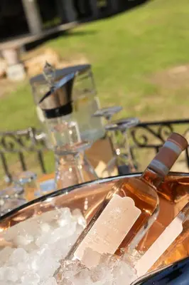 a table with bottles of wine and ice on it at Bali Style, Chic & Big Villa - Peaceful and Calm in Saint-Marc-Jaumegarde