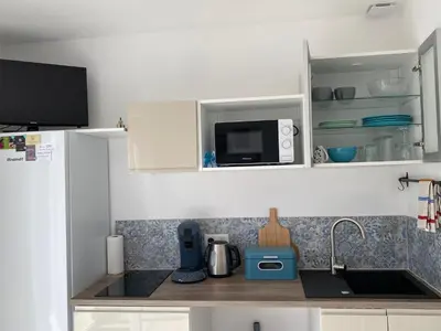 a kitchen with a sink and a microwave at La Cigale et la Fourmi in Les Taillades
