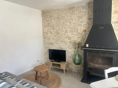 a living room with a fireplace and a tv at Jolie maison au coeur du Luberon in Saint-Martin-de-Castillon