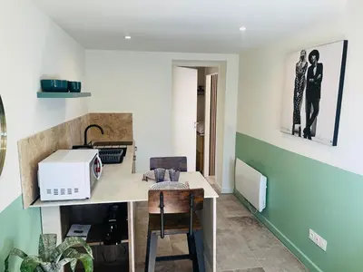 a kitchen with a sink and a microwave on a counter at Appart Ethan PROCHE DU CENTRE AVEC PARKING ET JARDIN in Aix-en-Provence