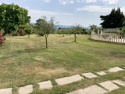 a large yard with trees and a fence at Auberge Les Olivades in Mallemort