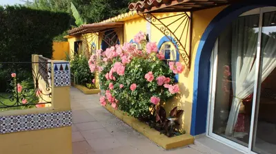 a building with pink flowers on the side of it at Gîtes maisons de vacances Domaine la Chamade Carpentras in Carpentras