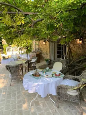 a table with plates of food on it under a tree at Le Clos de Lucie in Lagnes