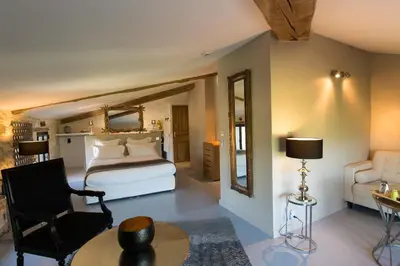 a bedroom with a bed and a chair and a mirror at Hôtel La Maison de Crillon in Crillon-le-Brave