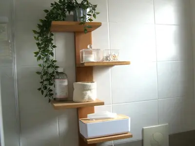 a wooden shelf in a bathroom with plants on it at Studio Vert Aix-en-Provence terrasse, piscine, parking in Aix-en-Provence