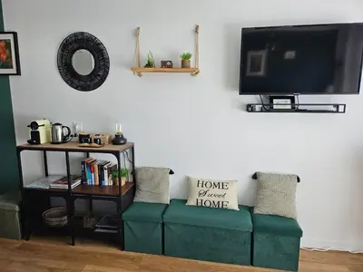 a living room with a tv and two green chairs at Studio Vert Aix-en-Provence terrasse, piscine, parking in Aix-en-Provence