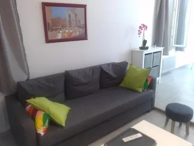 a living room with a gray couch with green pillows at Colombe in LʼIsle-sur-la-Sorgue