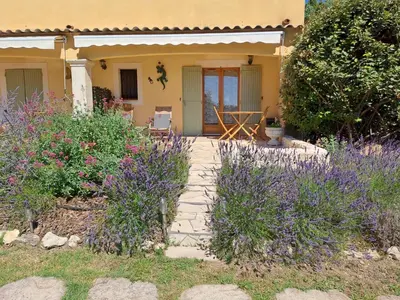 a garden with purple flowers in front of a house at Les Cerises in Saint-Saturnin-les-Apt