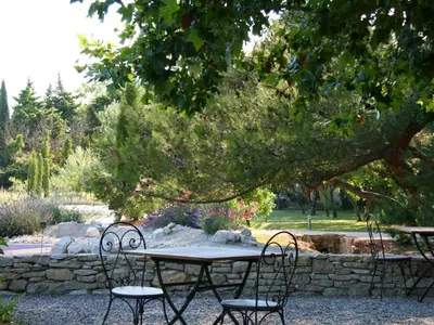 a table and chairs under a tree in a garden at Couleur Lavande in Le Thor