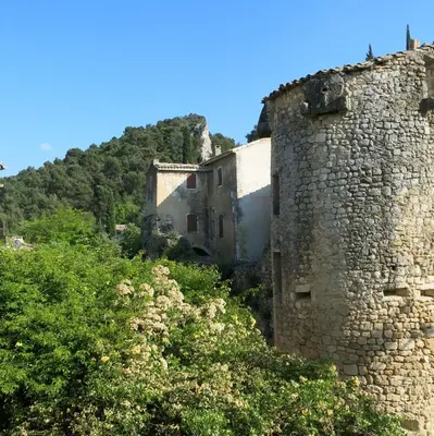 a group of buildings on a hill with trees at La Buissonnière in Oppède