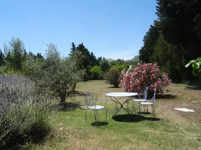 a table and chairs in a field with flowers at Le Nid de la Huppe in Noves