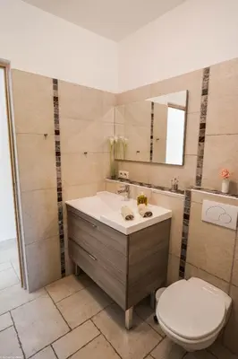 a bathroom with a toilet and a sink and a mirror at Campagne Cérès in Le Puy-Sainte-Réparade