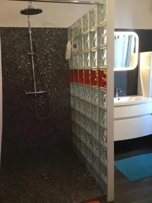 a bathroom with a shower and a sink at Le Mas des Platanes in Entraigues-sur-la-Sorgue
