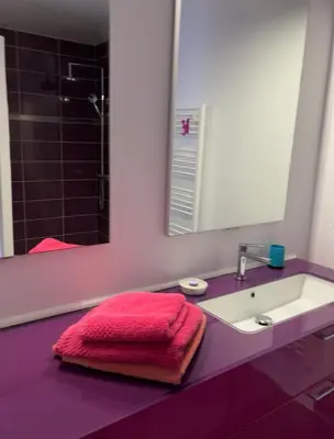 a purple bathroom with a sink and a mirror at Le Mas des Platanes in Entraigues-sur-la-Sorgue