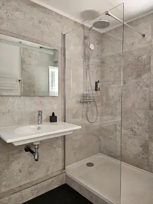 a bathroom with a sink and a shower at La Luberonne in Lourmarin