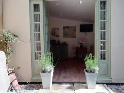 a room with two potted plants on a patio at Domaine Saint Jean in Saint-Saturnin-les-Apt