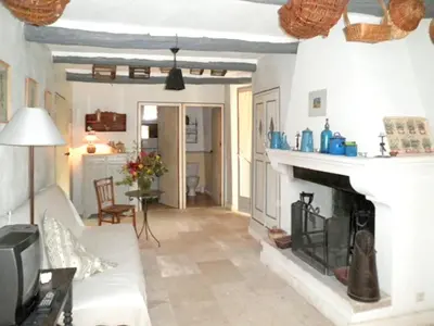 a living room with a fireplace and a couch at Appartement accueillant avec piscine à Oppède 70 m², vue montagne in Oppède