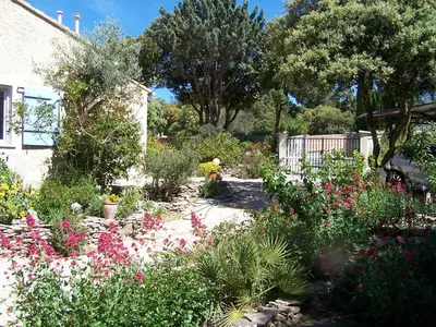 a garden with flowers and plants in front of a house at Les Florides in LʼIsle-sur-la-Sorgue