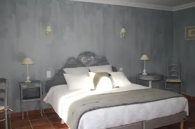 a bed with a cat standing on top of it at Le Mas Vigneron in Gordes