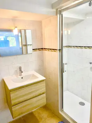 a bathroom with a sink and a shower at Villa Felin Feline in LʼIsle-sur-la-Sorgue