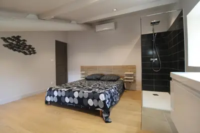 a bedroom with a black and white bed and a shower at The Panoramic House in Lagnes