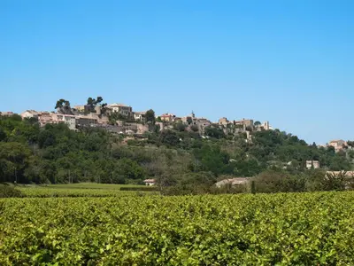 a village on a hill above a vineyard at Holiday Home L'Olivier by Interhome in Ménerbes