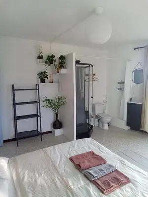 a bedroom with a bed and a bathroom with a toilet at Ogooué appartement entier Lumineux 94m2 in Carpentras