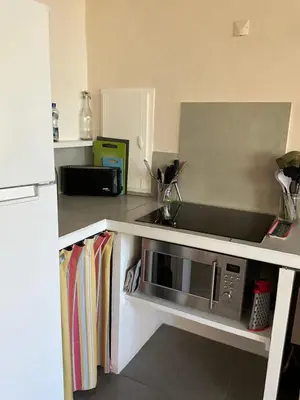 a kitchen with a sink and a microwave at Gite Les Enfantines in Bédoin