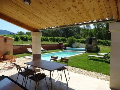 a patio with a table and chairs and a swimming pool at le bastidon in Villars