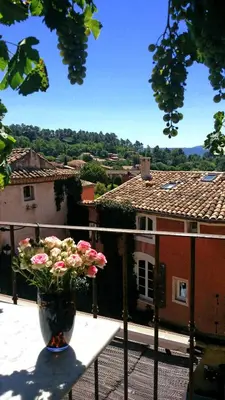 a vase filled with flowers sitting on a balcony at La Dame Au Balcon in Roussillon