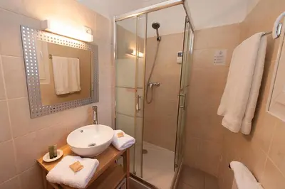 a bathroom with a sink and a shower at Hotel Sainte Anne - Apt in Apt